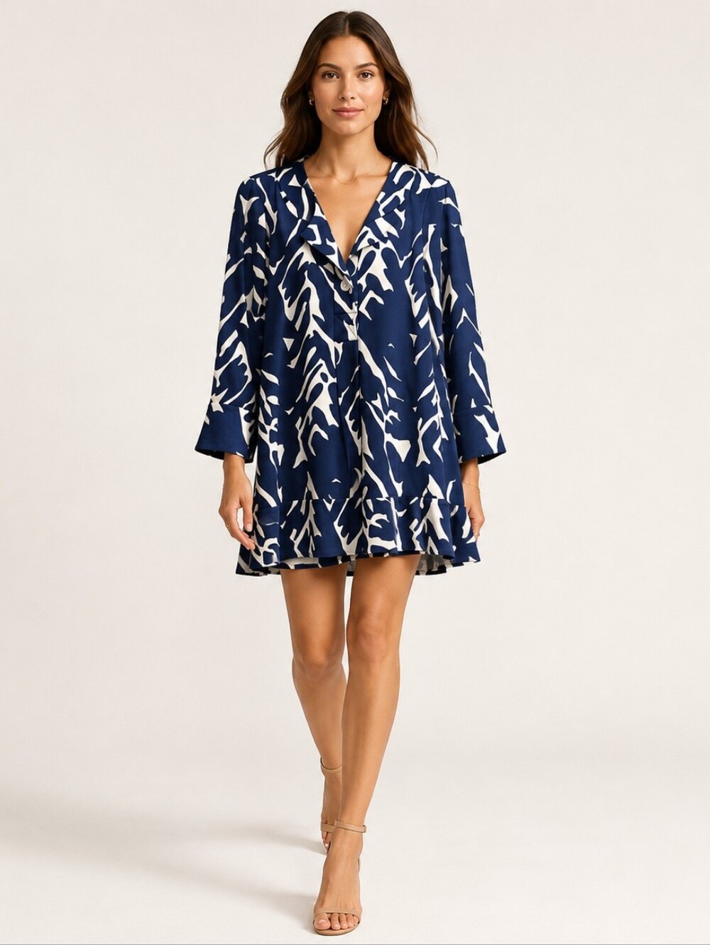 Diane Von Furstenberg Navy and White Long Sleeve Swing Dress